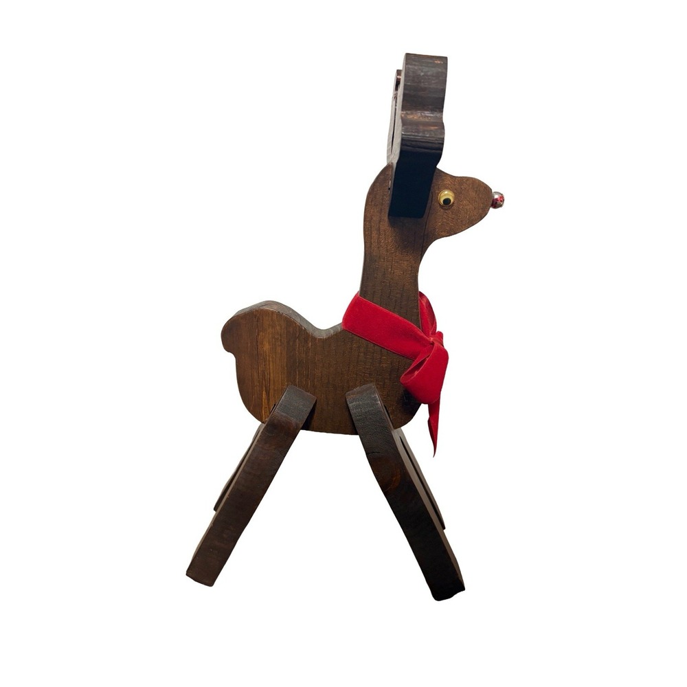 Vintage MCM 90's Wooden Reindeer Rustic Christmas Decor 11.5" Red Bow